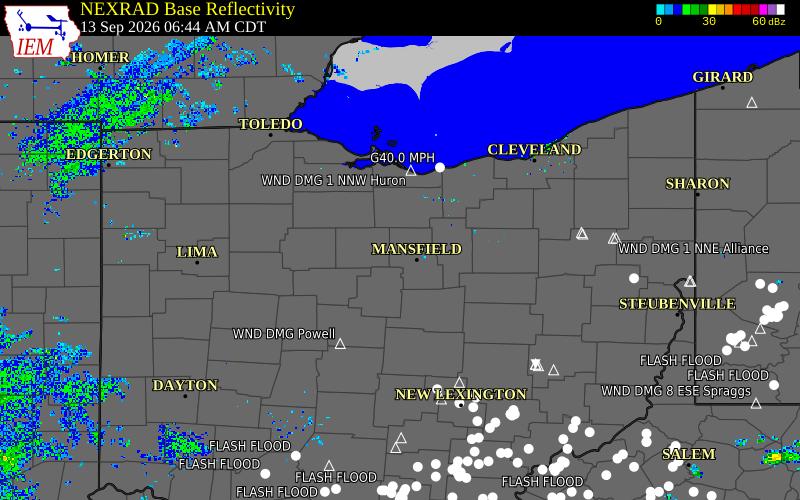 Current NEXRAD radar over Ashland County, Ohio with recent storm report locations
