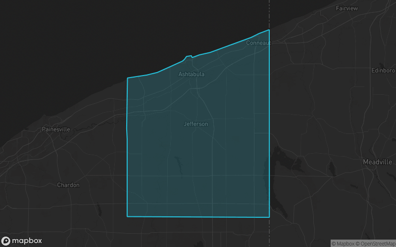 Map of Ashtabula County, Ohio showing the county boundary and surrounding cities