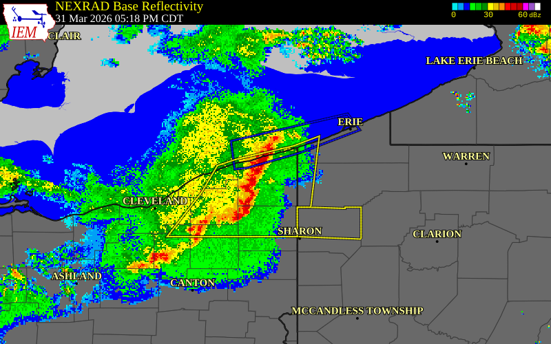NEXRAD radar during the Tuesday, March 31, 2026 storm activity in Ashtabula County, Ohio