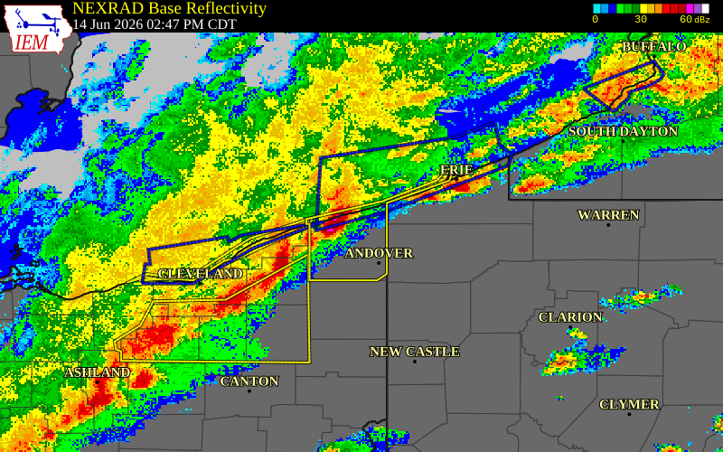 NEXRAD radar during the Sunday, June 14, 2026 storm activity in Ashtabula County, Ohio