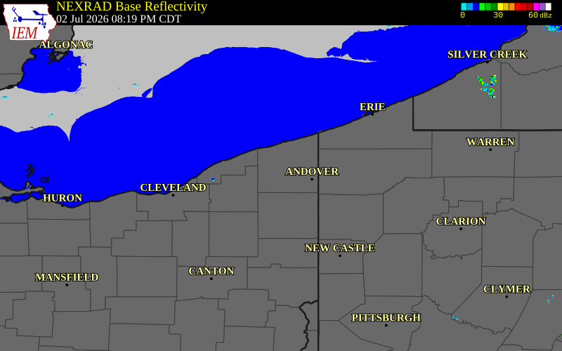 NEXRAD radar during the Thursday, July 2, 2026 storm activity in Ashtabula County, Ohio