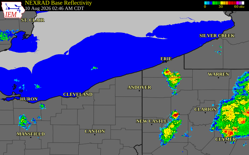 NEXRAD radar during the Monday, August 10, 2026 storm activity in Ashtabula County, Ohio