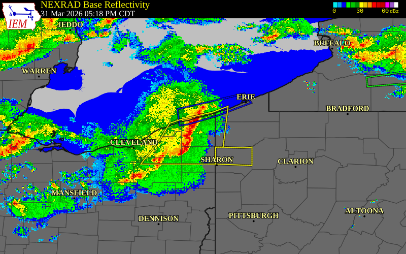 Radar snapshot during the Mar 31, 2026 wind event near 5 NE Jefferson, Ashtabula County, Ohio, with NWS warning polygons
