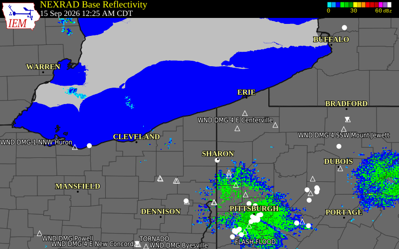 Current NEXRAD radar over Ashtabula County, Ohio with recent storm report locations