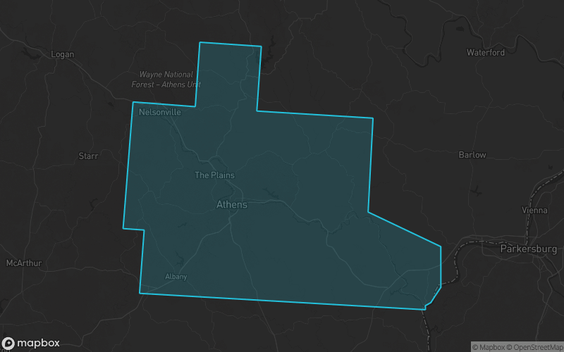 Map of Athens County, Ohio showing the county boundary and surrounding cities