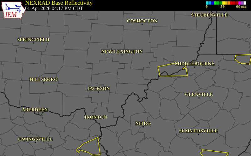 NEXRAD radar during the Wednesday, April 1, 2026 storm activity in Athens County, Ohio