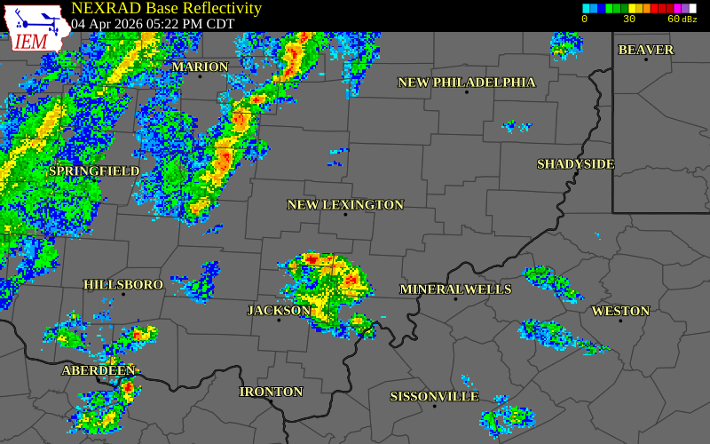 NEXRAD radar during the Saturday, April 4, 2026 storm activity in Athens County, Ohio