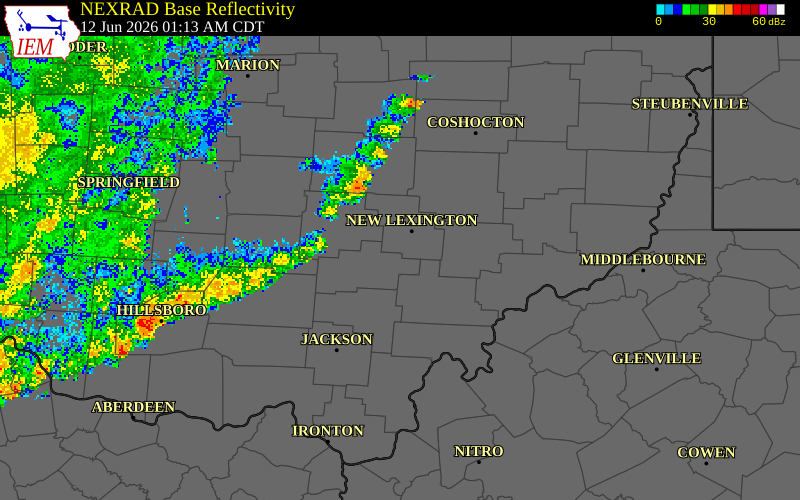NEXRAD radar during the Friday, June 12, 2026 storm activity in Athens County, Ohio