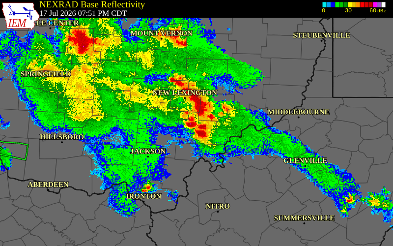 NEXRAD radar during the Friday, July 17, 2026 storm activity in Athens County, Ohio