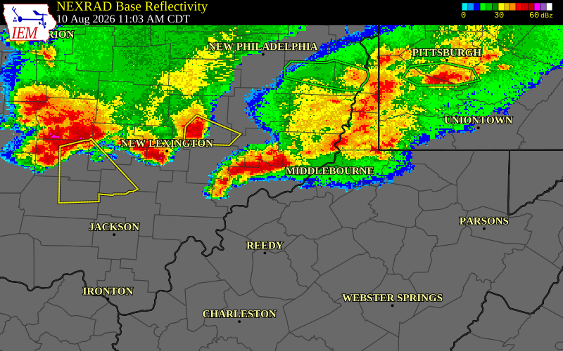 NEXRAD radar during the Monday, August 10, 2026 storm activity in Athens County, Ohio