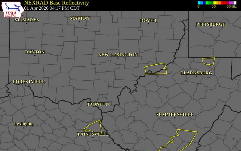 Radar snapshot during the Apr 1, 2026 hail event near 4 WSW Athens, Athens County, Ohio, with NWS warning polygons