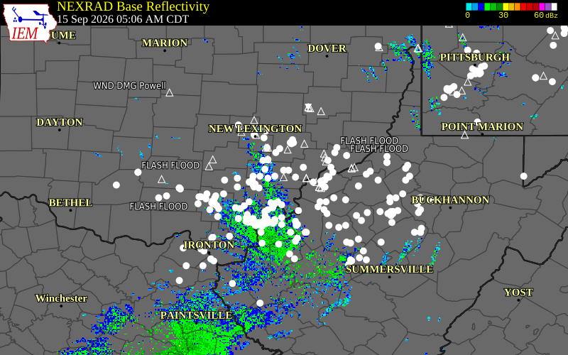 Current NEXRAD radar over Athens County, Ohio with recent storm report locations