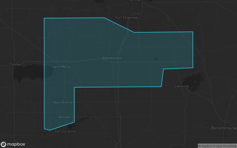 Map of Auglaize County, Ohio showing the county boundary and surrounding cities