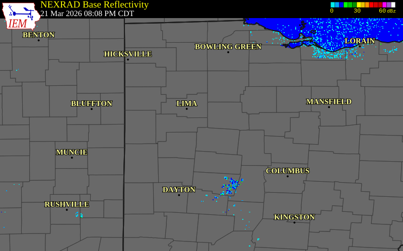 NEXRAD radar during the Saturday, March 21, 2026 storm activity in Auglaize County, Ohio