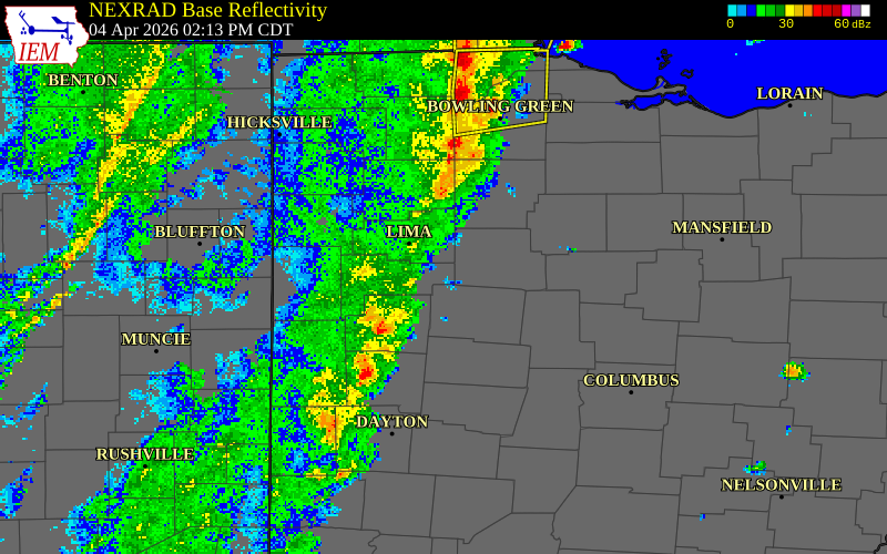 NEXRAD radar during the Saturday, April 4, 2026 storm activity in Auglaize County, Ohio
