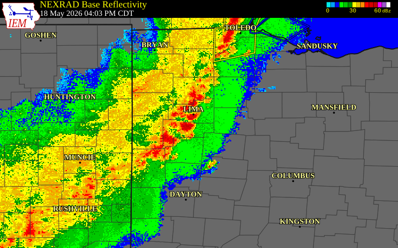 NEXRAD radar during the Monday, May 18, 2026 storm activity in Auglaize County, Ohio