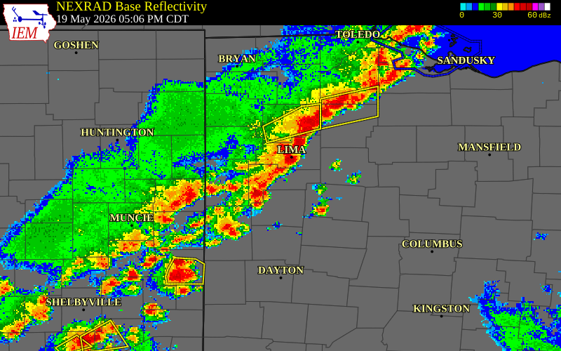 NEXRAD radar during the Tuesday, May 19, 2026 storm activity in Auglaize County, Ohio