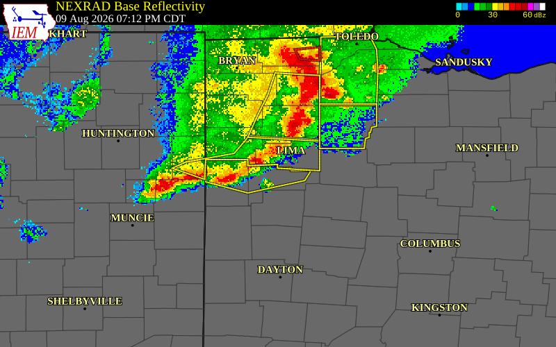 NEXRAD radar during the Sunday, August 9, 2026 storm activity in Auglaize County, Ohio