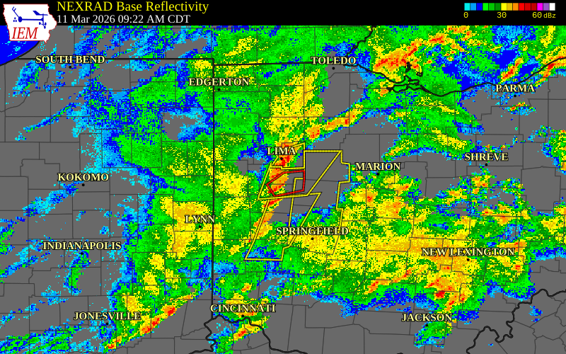 Radar snapshot during the Aug 9, 2026 wind event near Auglaize County, Auglaize County, Ohio, with NWS warning polygons