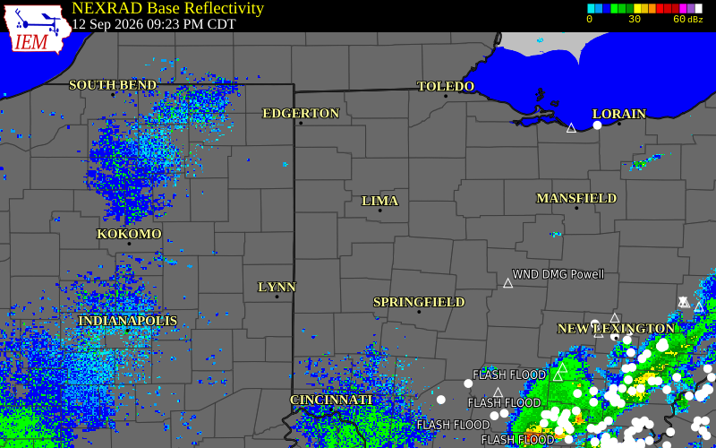 Current NEXRAD radar over Auglaize County, Ohio with recent storm report locations
