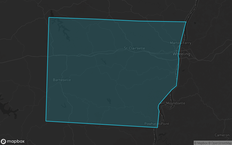 Map of Belmont County, Ohio showing the county boundary and surrounding cities