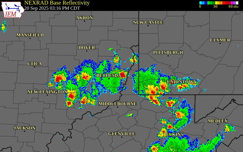 NEXRAD radar during the Saturday, September 20, 2025 storm activity in Belmont County, Ohio