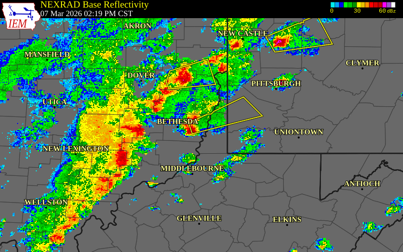 NEXRAD radar during the Saturday, March 7, 2026 storm activity in Belmont County, Ohio