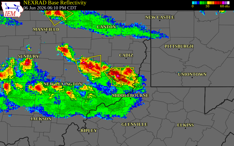 NEXRAD radar during the Saturday, June 6, 2026 storm activity in Belmont County, Ohio