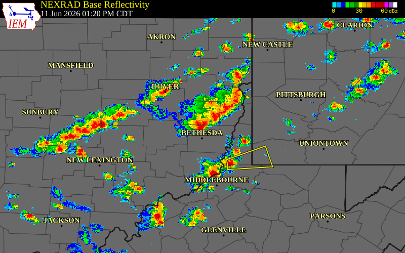 NEXRAD radar during the Thursday, June 11, 2026 storm activity in Belmont County, Ohio