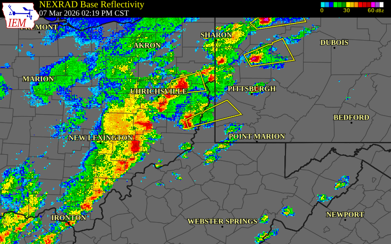 Radar snapshot during the Mar 7, 2026 hail event near Neffs, Belmont County, Ohio, with NWS warning polygons