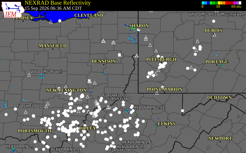 Current NEXRAD radar over Belmont County, Ohio with recent storm report locations