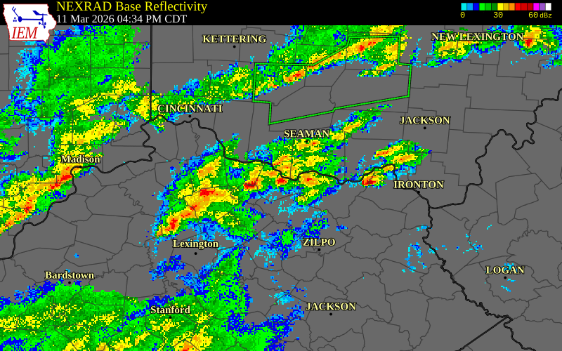NEXRAD radar during the Wednesday, March 11, 2026 storm activity in Brown County, Ohio