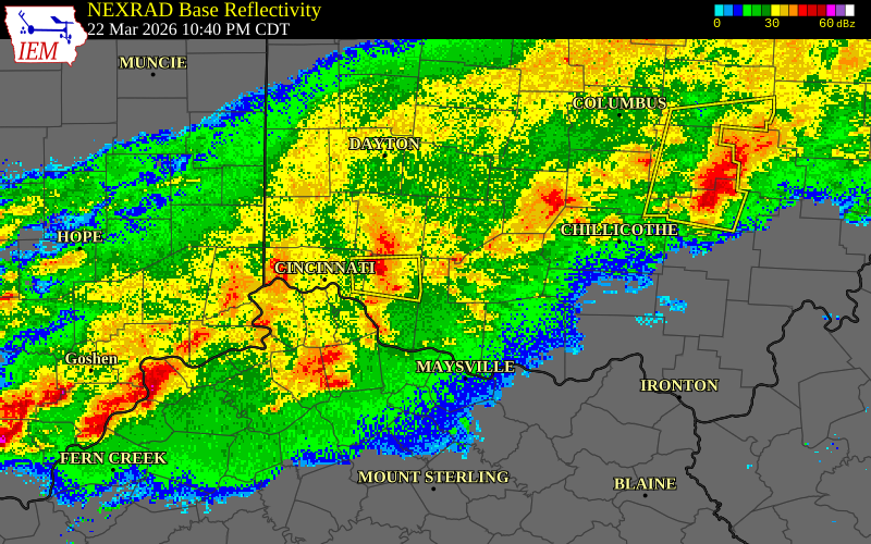 NEXRAD radar during the Sunday, March 22, 2026 storm activity in Brown County, Ohio