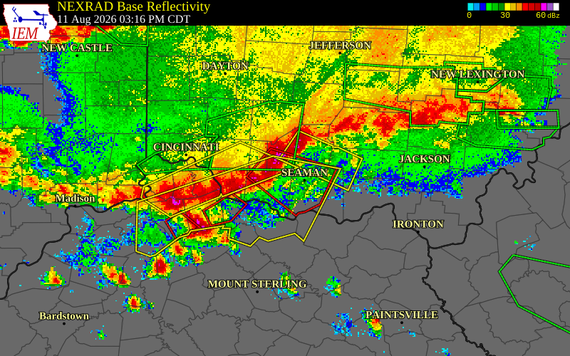 NEXRAD radar during the Tuesday, August 11, 2026 storm activity in Brown County, Ohio