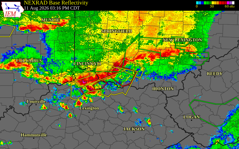 Radar snapshot during the Aug 11, 2026 tornado event near 4 WNW Winchester, Brown County, Ohio, with NWS warning polygons
