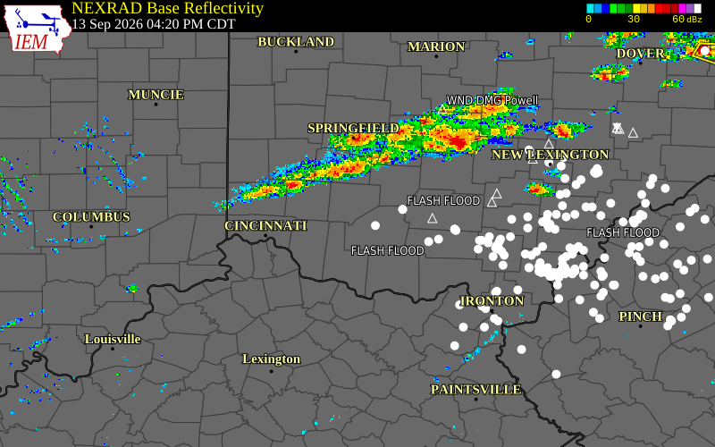 Current NEXRAD radar over Brown County, Ohio with recent storm report locations