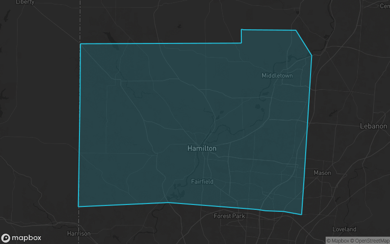 Map of Butler County, Ohio showing the county boundary and surrounding cities