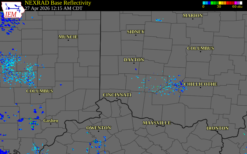 NEXRAD radar during the Monday, April 27, 2026 storm activity in Butler County, Ohio