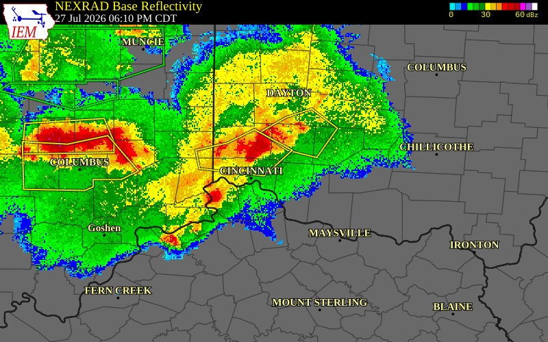 NEXRAD radar during the Monday, July 27, 2026 storm activity in Butler County, Ohio