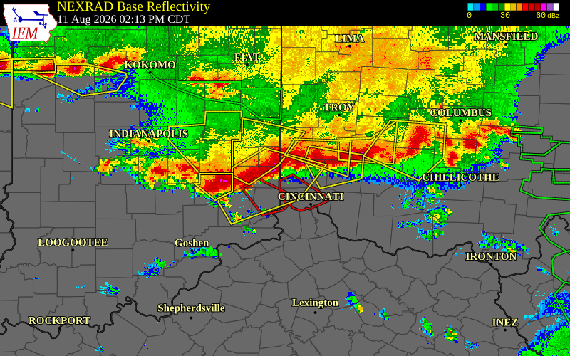 Radar snapshot during the Aug 11, 2026 tornado event near 6 W Millville, Butler County, Ohio, with NWS warning polygons