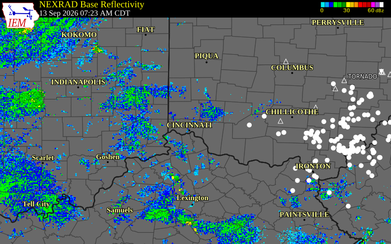 Current NEXRAD radar over Butler County, Ohio with recent storm report locations