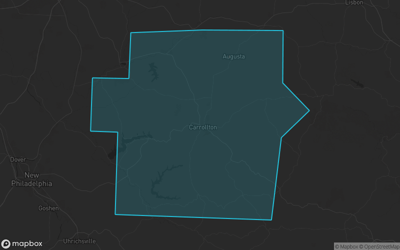Map of Carroll County, Ohio showing the county boundary and surrounding cities