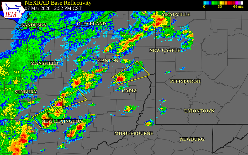 NEXRAD radar during the Saturday, March 7, 2026 storm activity in Carroll County, Ohio