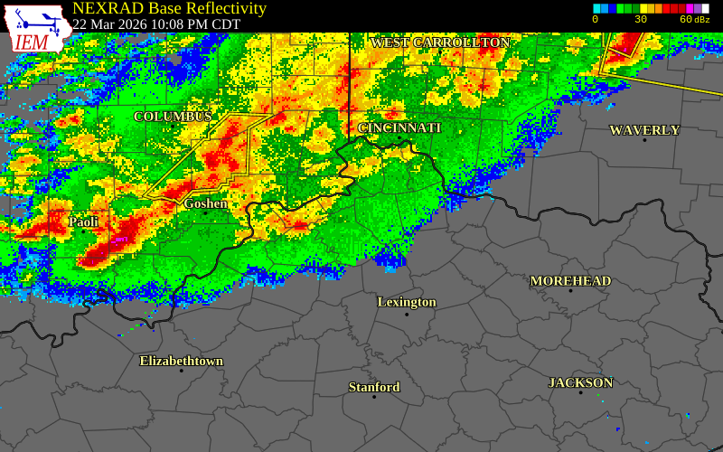 NEXRAD radar during the Sunday, March 22, 2026 storm activity in Carroll County, Ohio