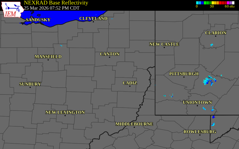NEXRAD radar during the Wednesday, March 25, 2026 storm activity in Carroll County, Ohio