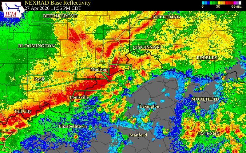 NEXRAD radar during the Tuesday, April 28, 2026 storm activity in Carroll County, Ohio
