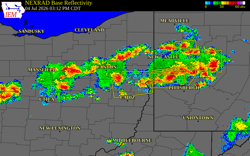NEXRAD radar during the Saturday, July 4, 2026 storm activity in Carroll County, Ohio