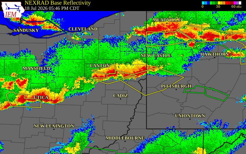 NEXRAD radar during the Saturday, July 18, 2026 storm activity in Carroll County, Ohio