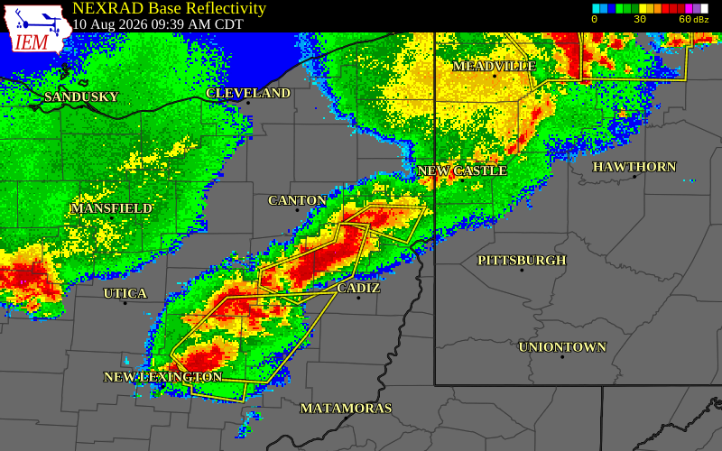 NEXRAD radar during the Monday, August 10, 2026 storm activity in Carroll County, Ohio