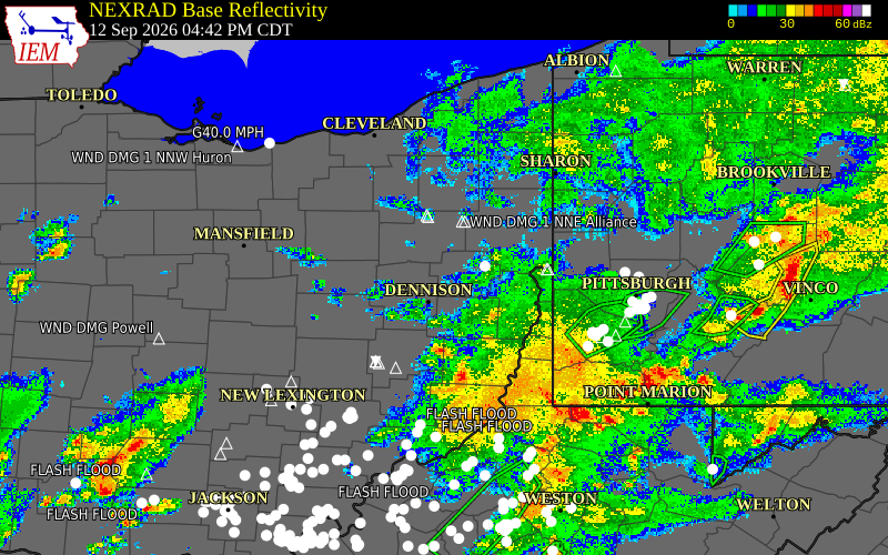 Current NEXRAD radar over Carroll County, Ohio with recent storm report locations